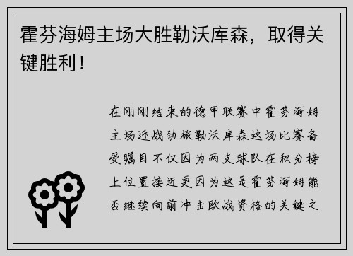 霍芬海姆主场大胜勒沃库森，取得关键胜利！